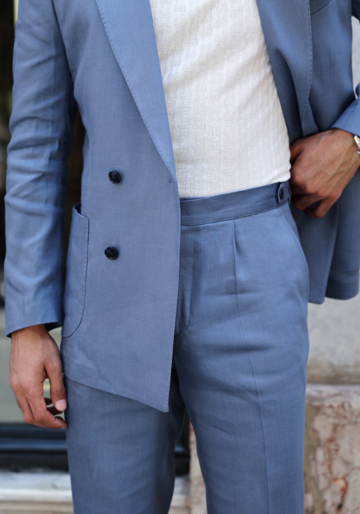 Blue Linen Double Breasted Sport Suit