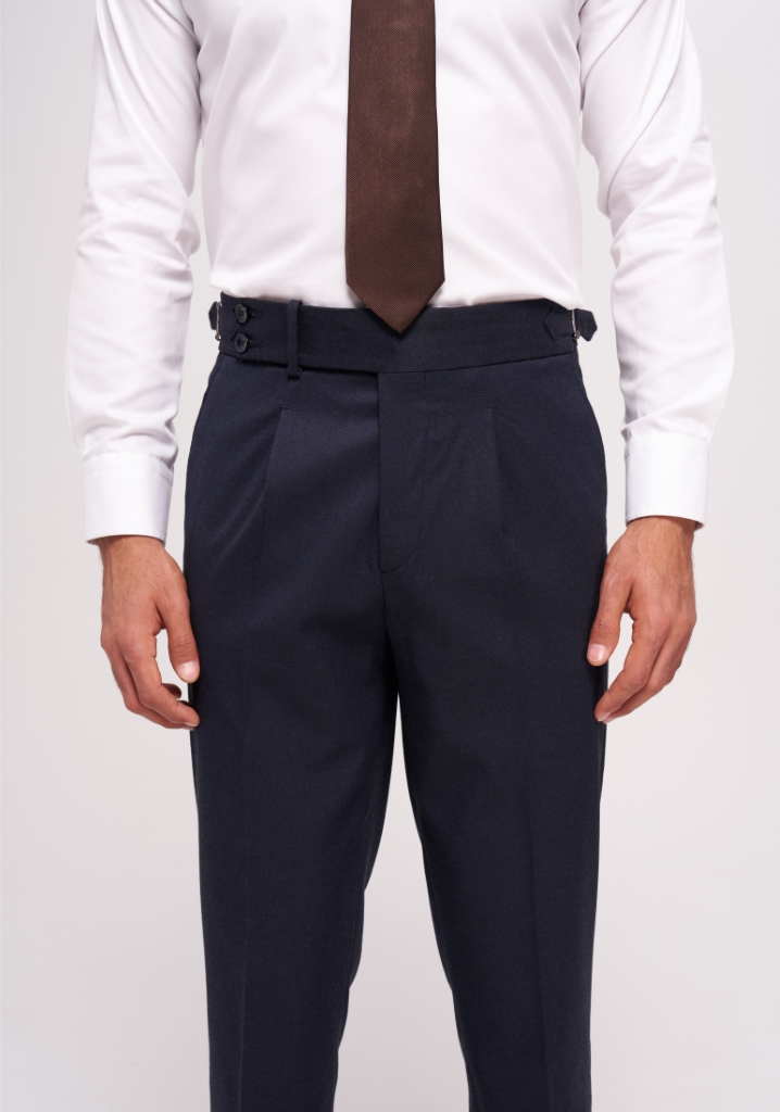 Navy Blue Single Pleat High Waist Trousers