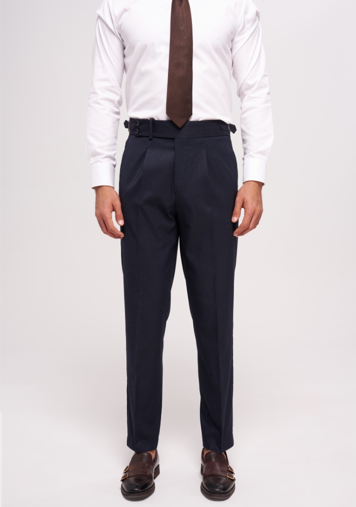 Navy Blue Single Pleat High Waist Trousers