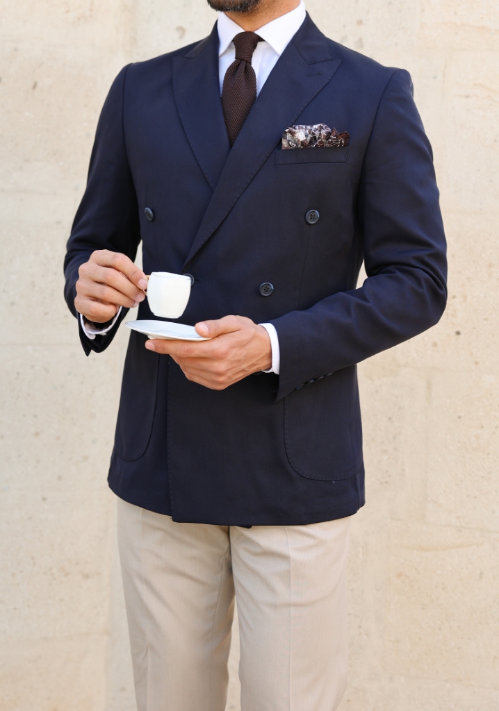 Navy Blue Tencel Fabric Double Breasted Jacket