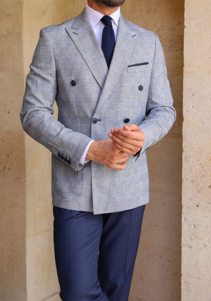 Navy Blue Plaid Double Breasted Linen Jacket