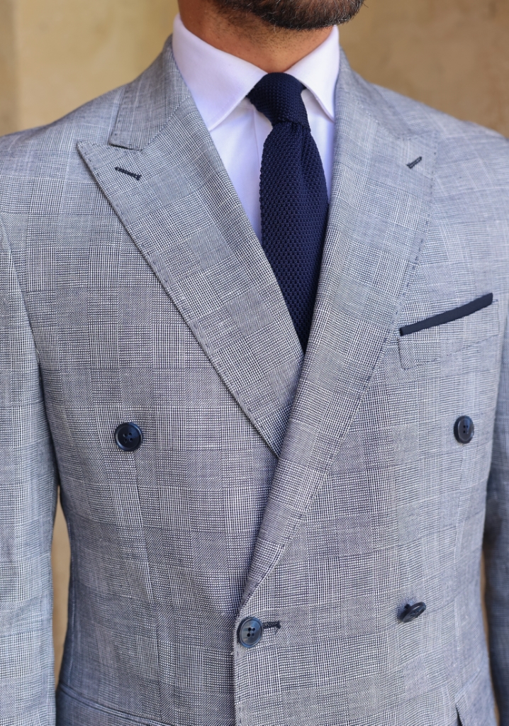 Navy Blue Plaid Double Breasted Linen Jacket