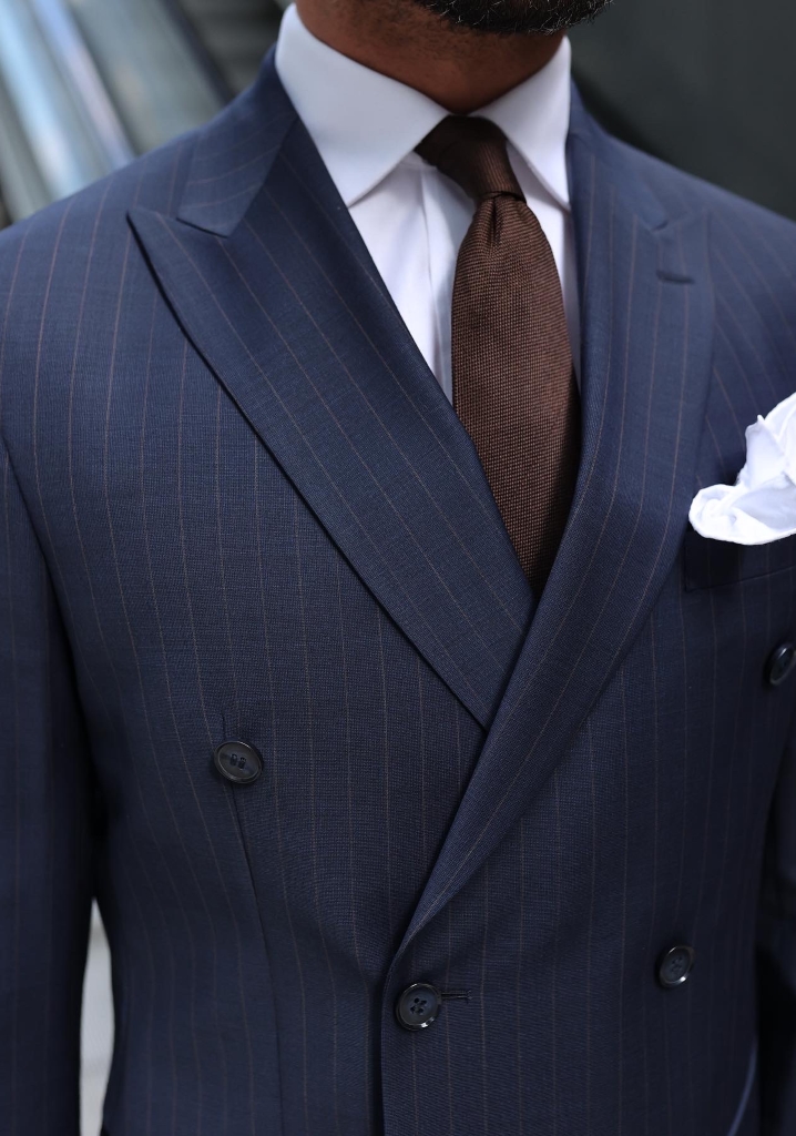 Brown Striped Navy Blue Double Breasted Suit