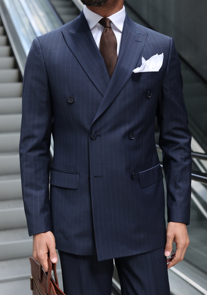 Brown Striped Navy Blue Double Breasted Suit