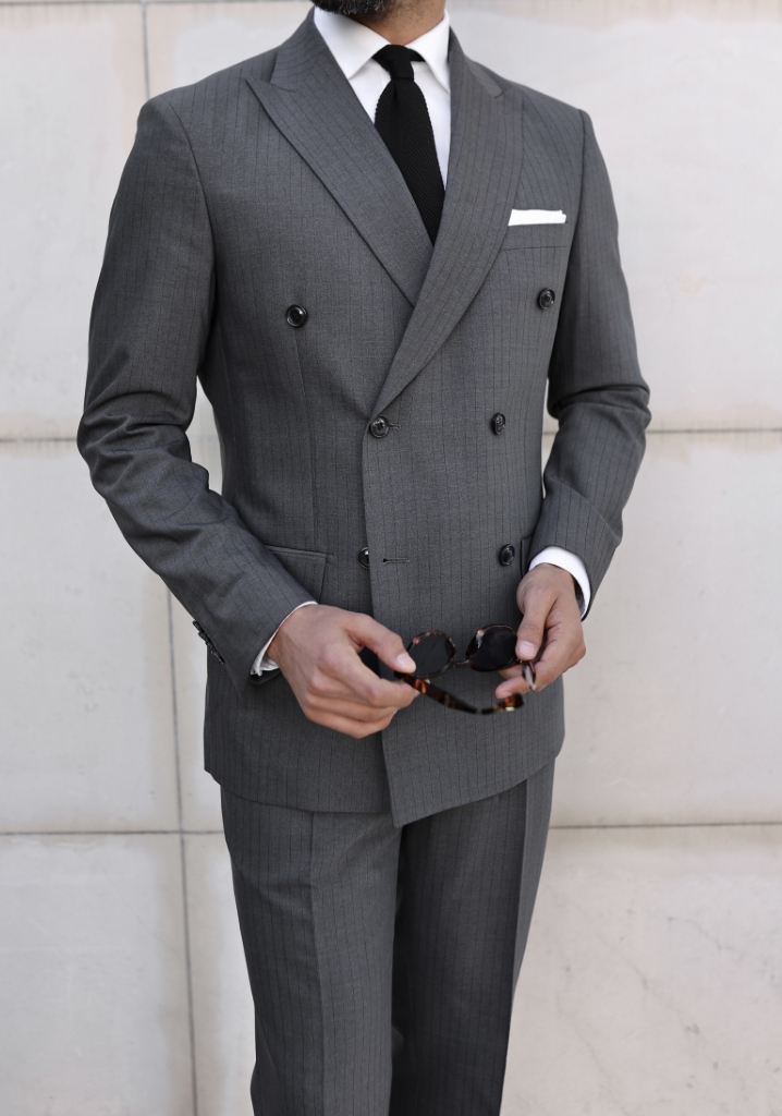 Dark Gray Double Breasted Suit with Black Stripes