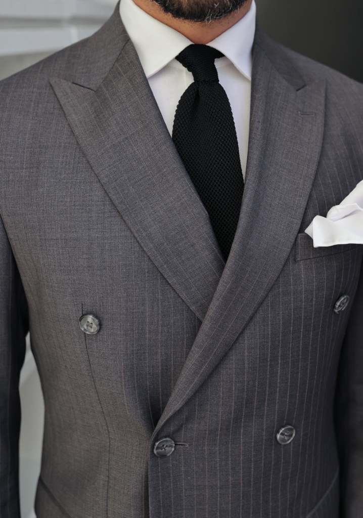 Dark Gray Double Breasted Suit with Brown Stripes