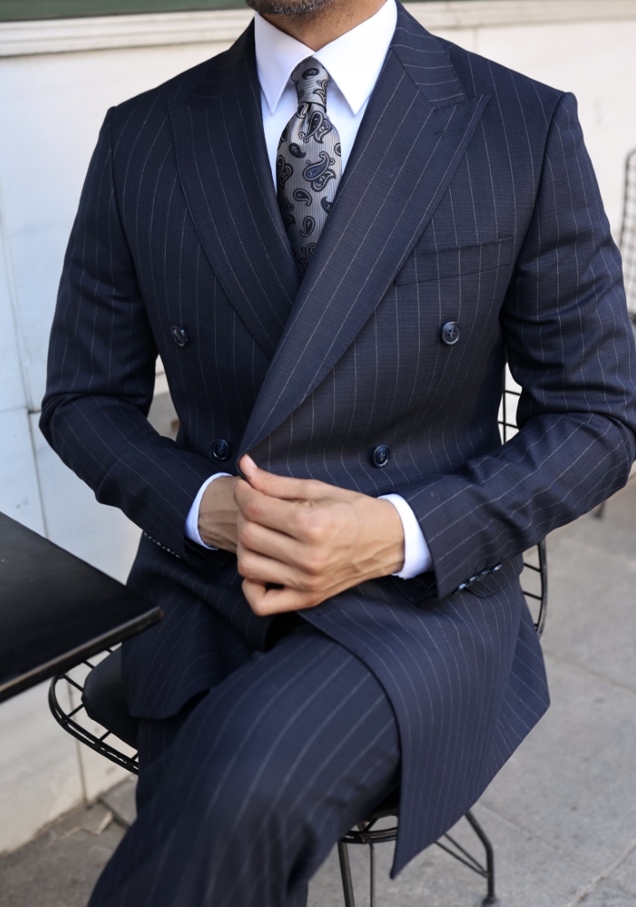 Navy Blue Striped Double Breasted Suit