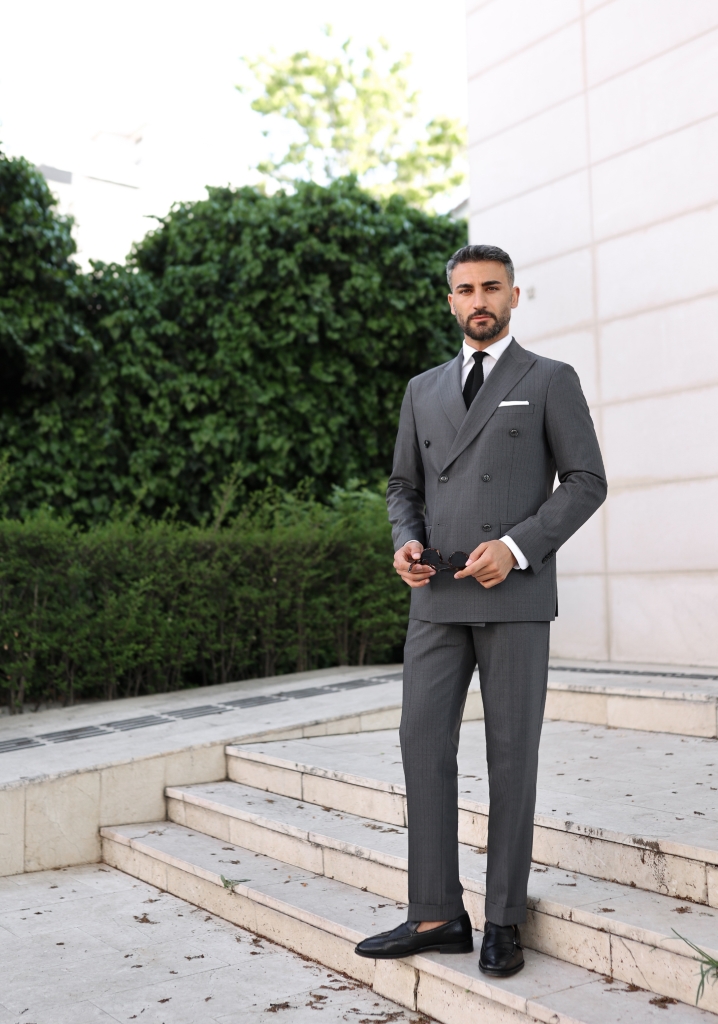 Dark Gray Double Breasted Suit with Black Stripes