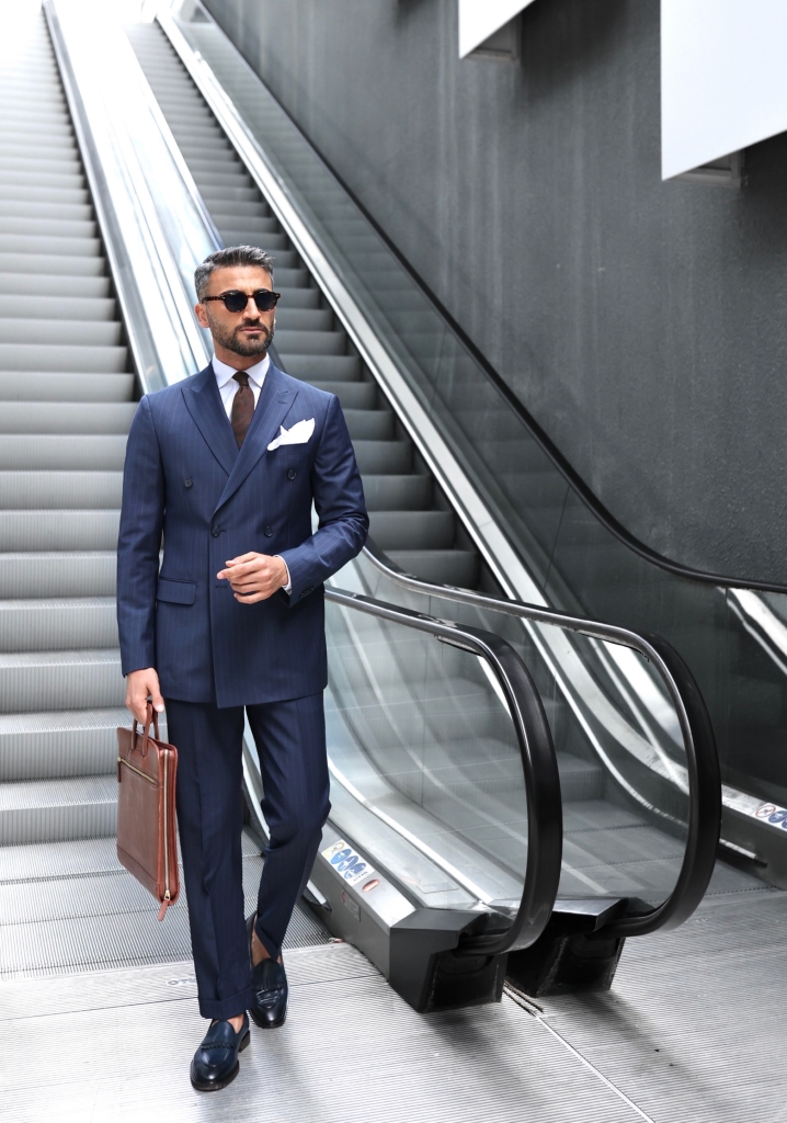 Brown Striped Navy Blue Double Breasted Suit