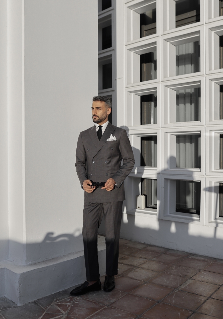 Dark Gray Double Breasted Suit with Brown Stripes