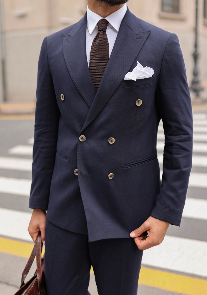 Navy Blue Tencel Fabric Double Breasted Suit