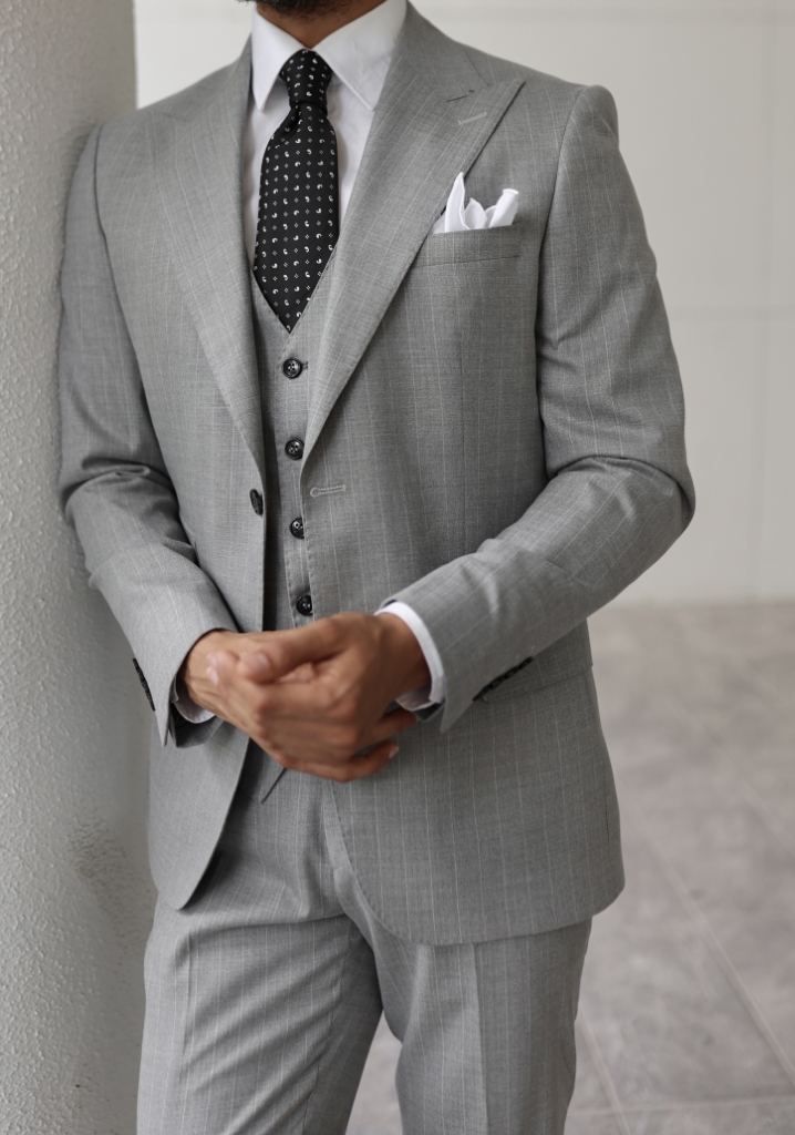 White Striped Light Gray Vest Suit