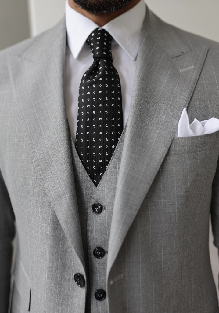 White Striped Light Gray Vest Suit