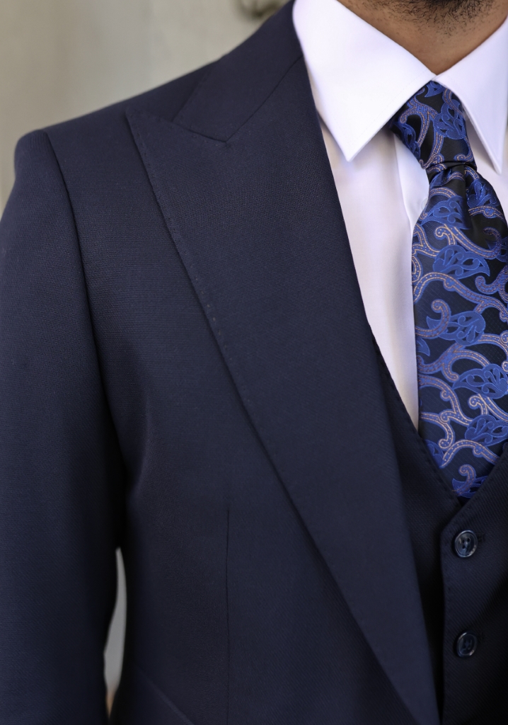 Navy Blue Textured Vest Suit