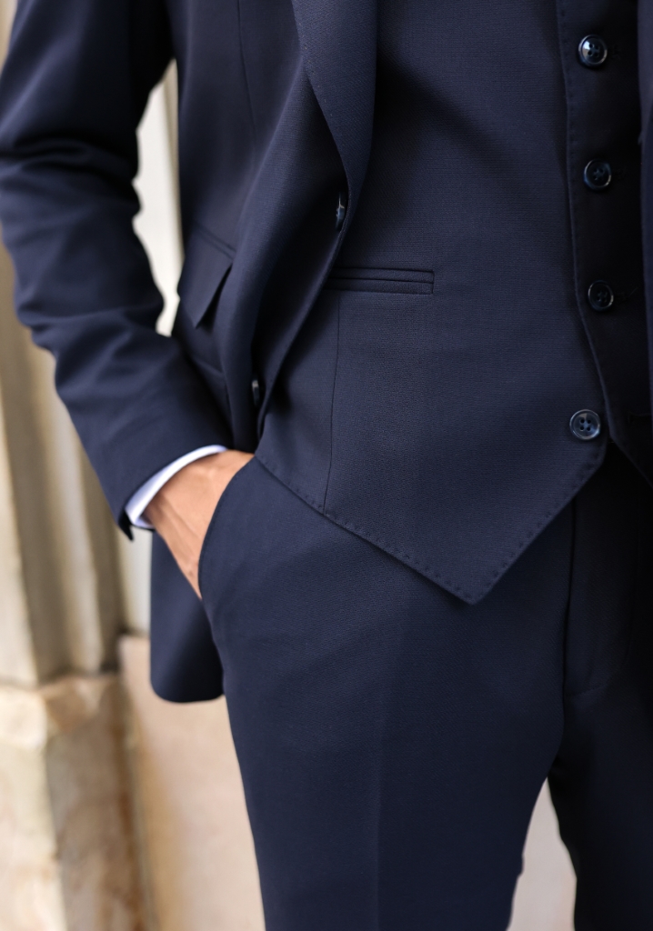 Navy Blue Textured Vest Suit