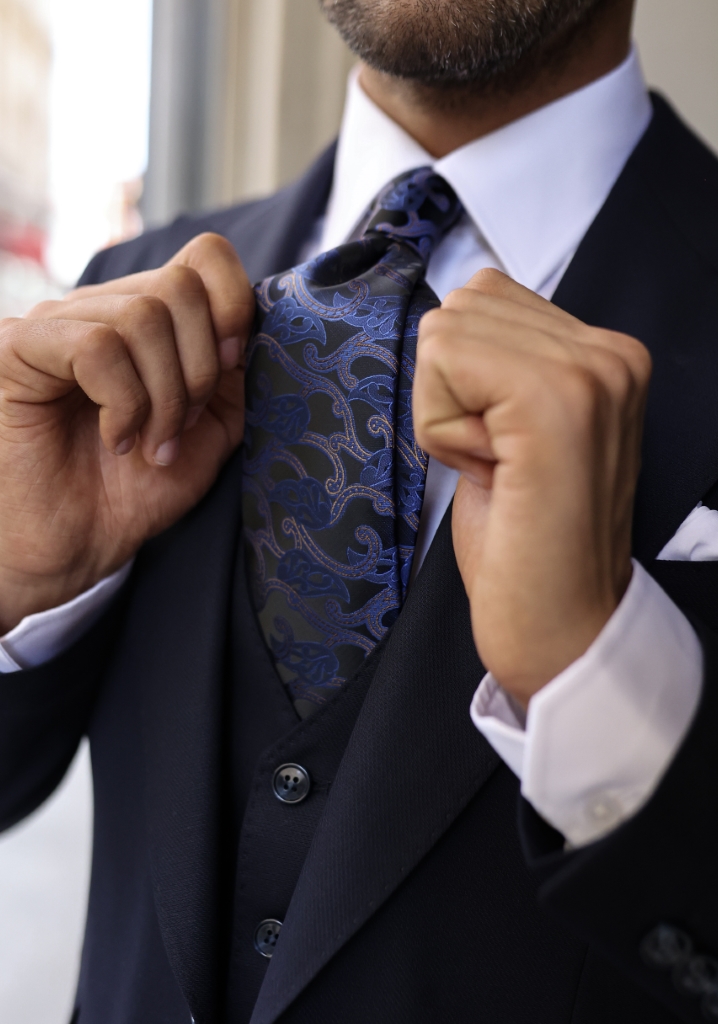 Navy Blue Textured Vest Suit