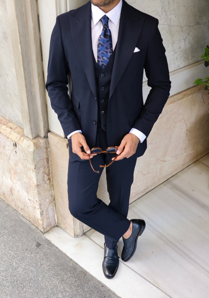 Navy Blue Textured Vest Suit