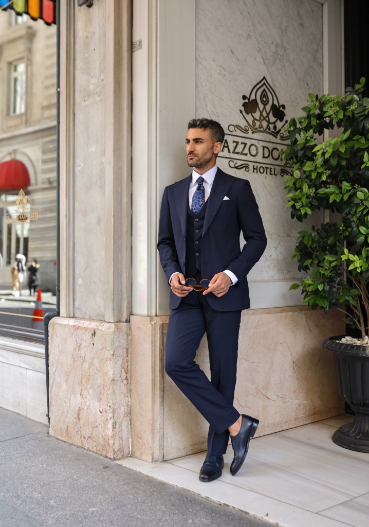 Navy Blue Textured Vest Suit