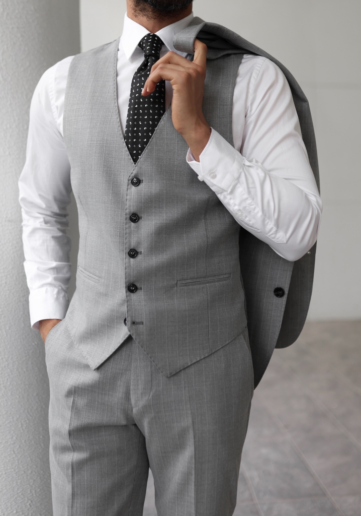 White Striped Light Gray Vest Suit