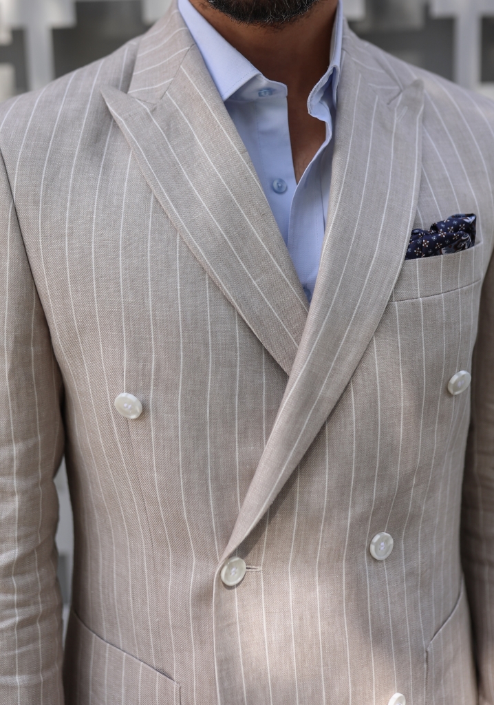 Beige Linen Double Breasted Suit with White Stripes