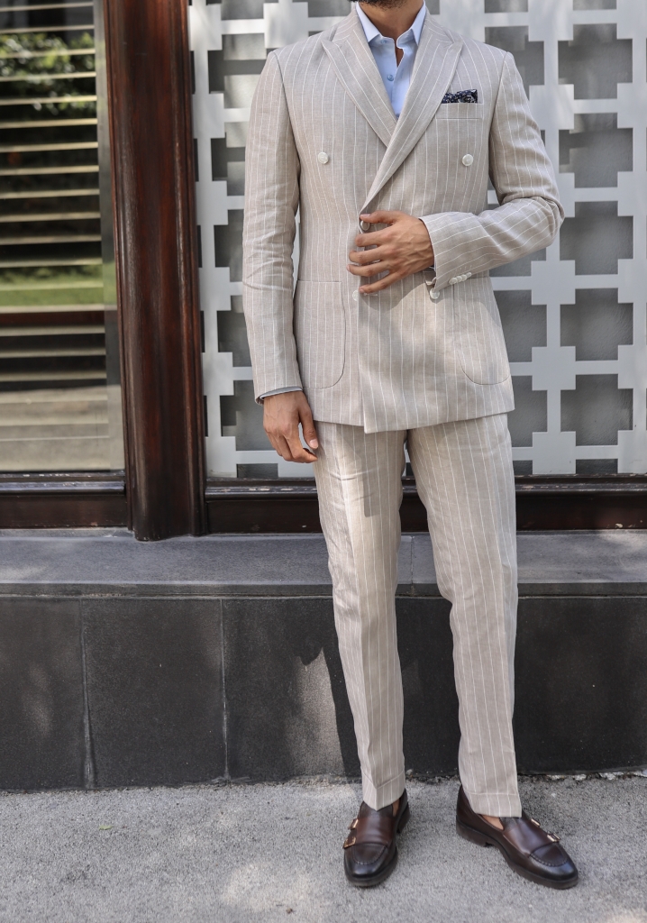 Beige Linen Double Breasted Suit with White Stripes