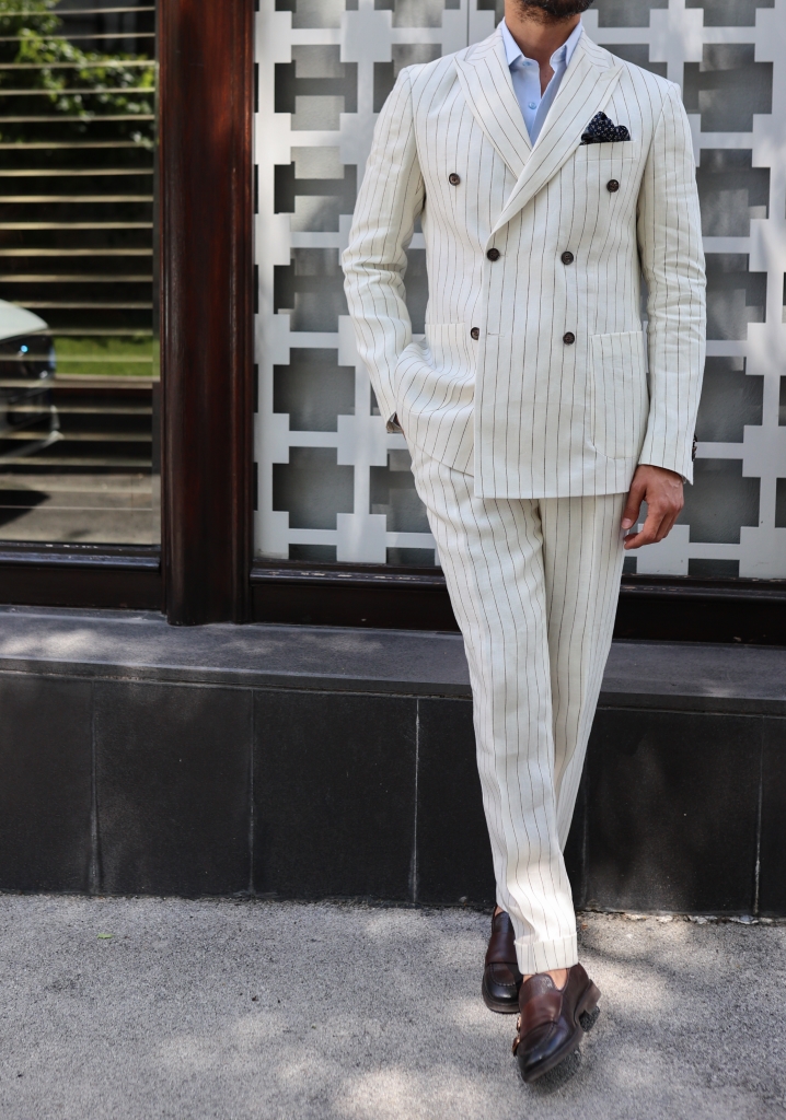 Brown Striped Linen Double Breasted Suit