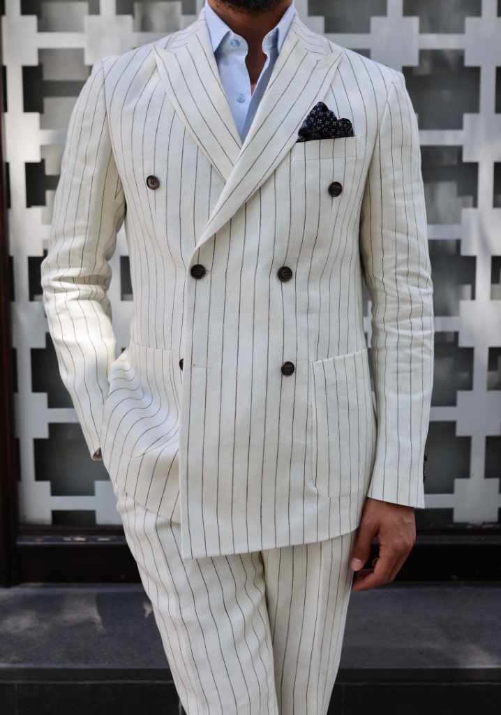 Brown Striped Linen Double Breasted Suit