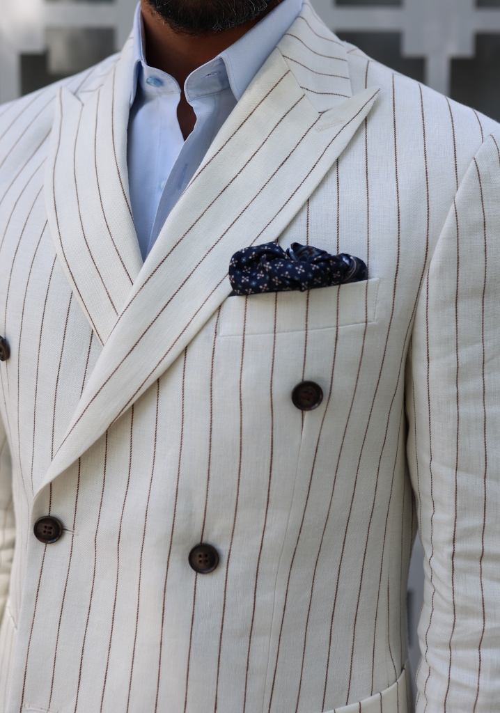 Brown Striped Linen Double Breasted Suit