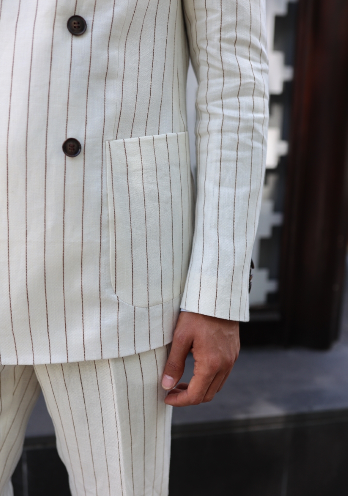 Brown Striped Linen Double Breasted Suit