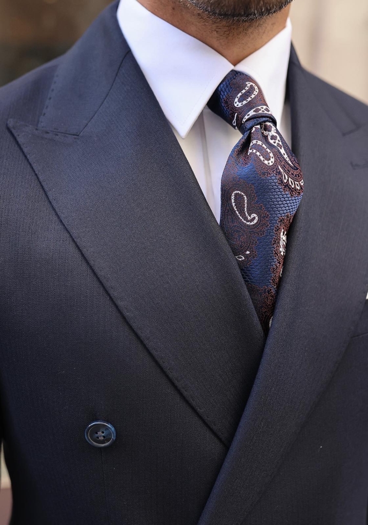 Navy Blue Herringbone Double Breasted Suit