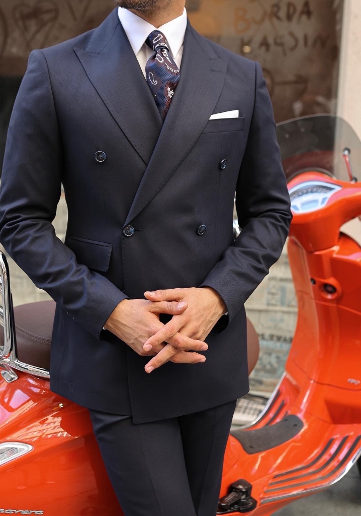 Navy Blue Herringbone Double Breasted Suit