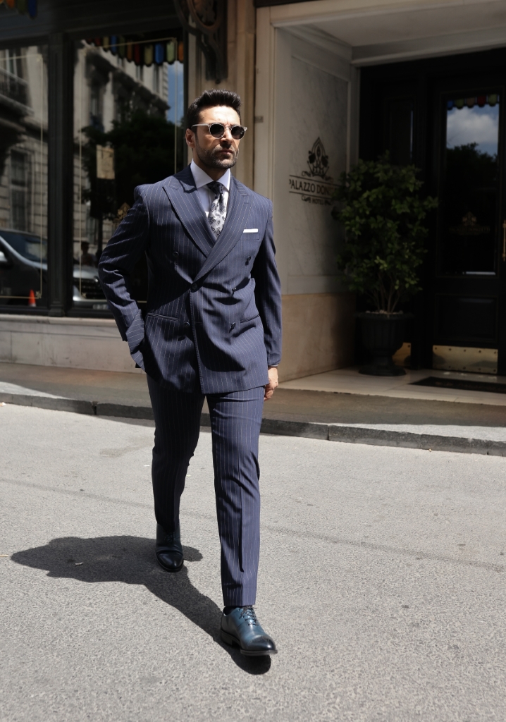 Navy Blue Striped Double Breasted Suit