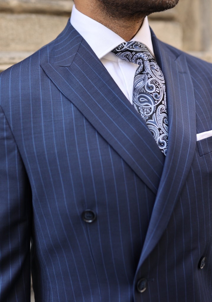 Navy Blue Double Breasted Suit with Blue Stripes