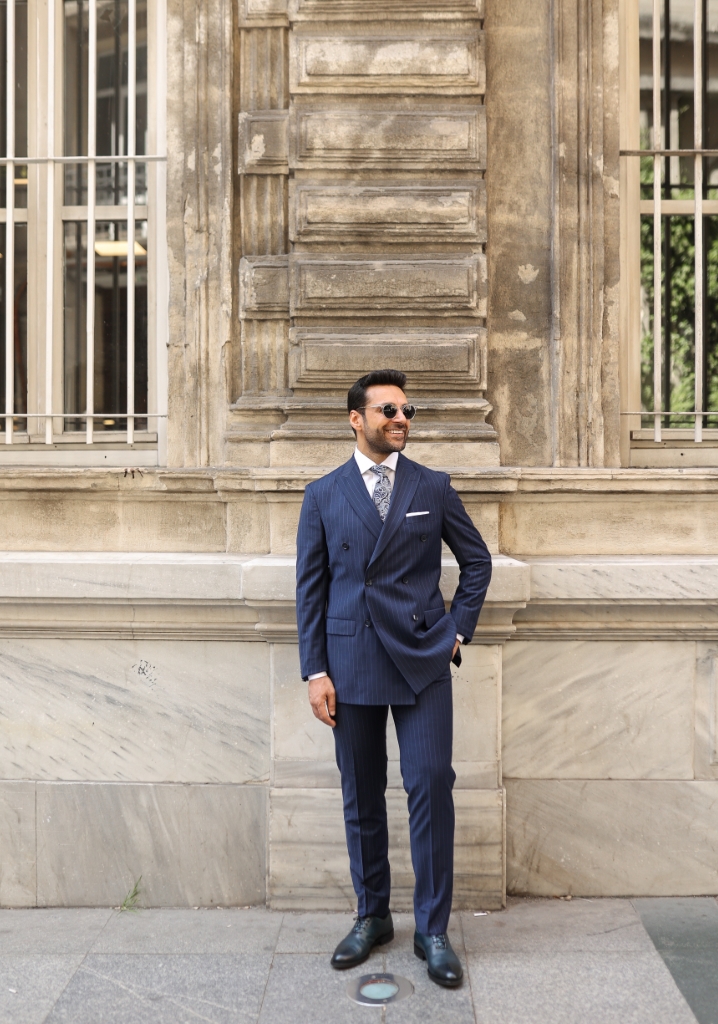 Navy Blue Double Breasted Suit with Blue Stripes