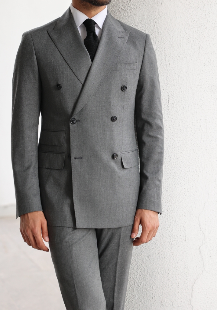 Dark Gray Herringbone Double Breasted Suit