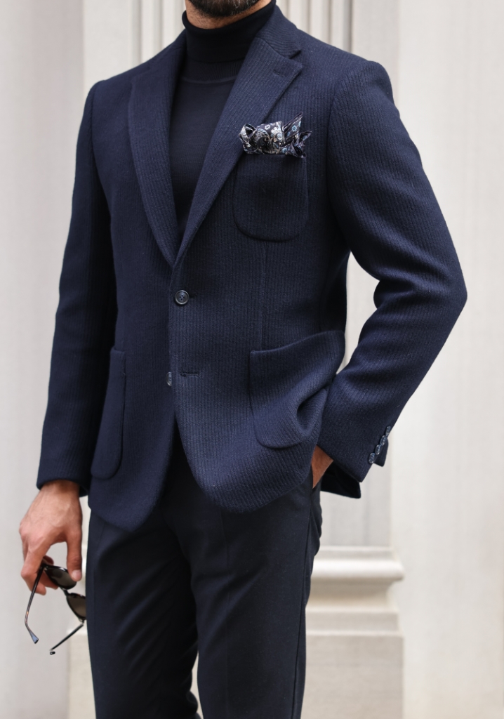 Navy Blue Steel Knit Wool Sports Jacket