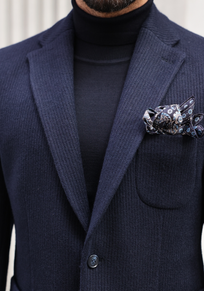 Navy Blue Steel Knit Wool Sports Jacket