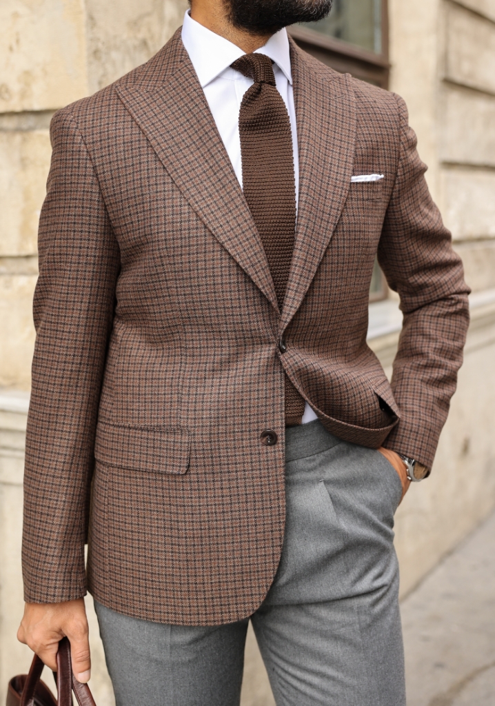 Brown Houndstooth Wool Blazer Jacket