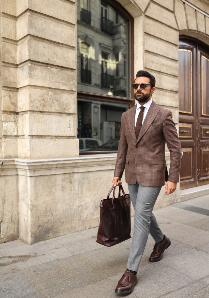 Brown Houndstooth Wool Blazer Jacket