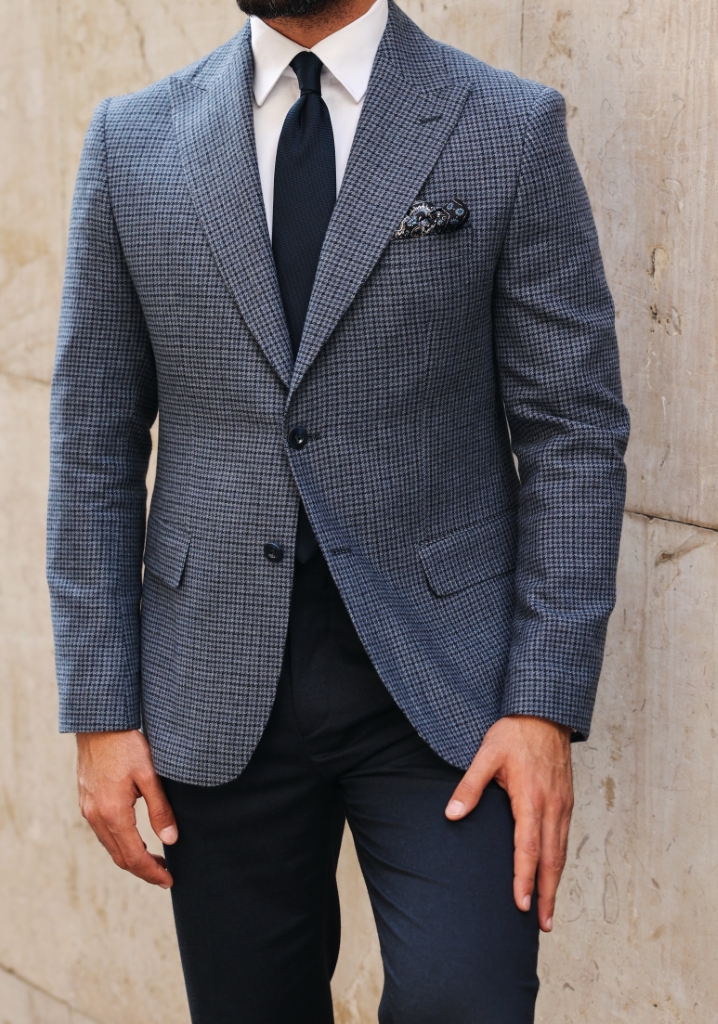 Blue Houndstooth Wool Blazer Jacket