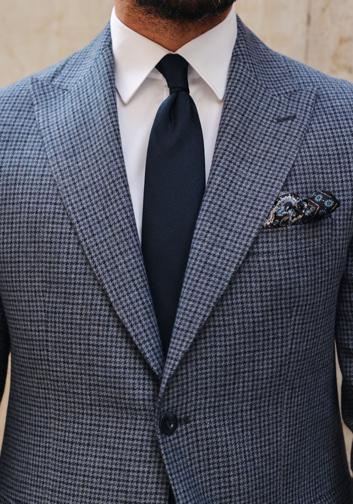 Blue Houndstooth Wool Blazer Jacket