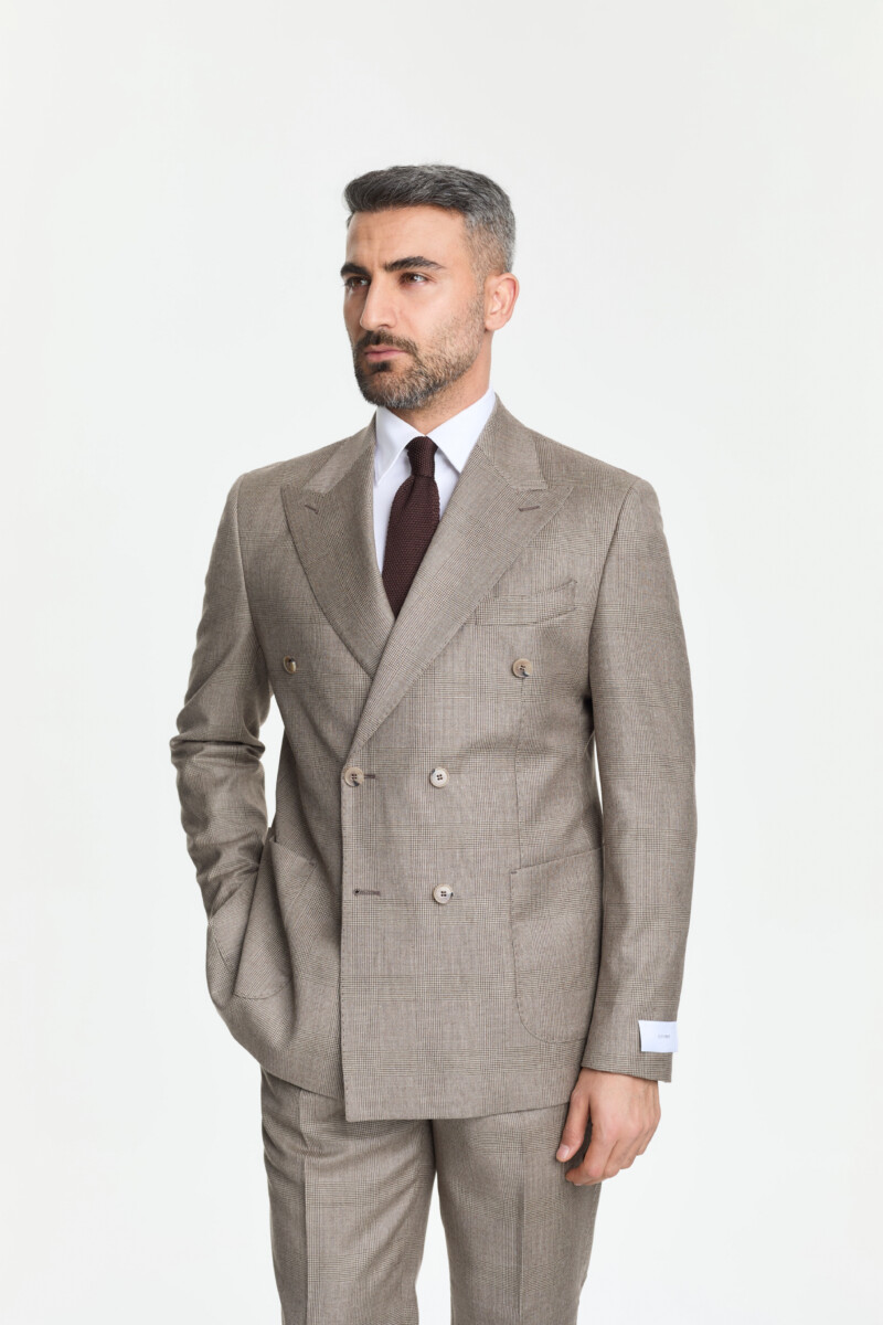 Kahverengi Ekoseli Vercelli Kruvaze Takım Elbise