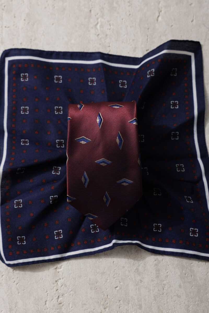 Desenli Bordo Kravat, Mendil Set - 1